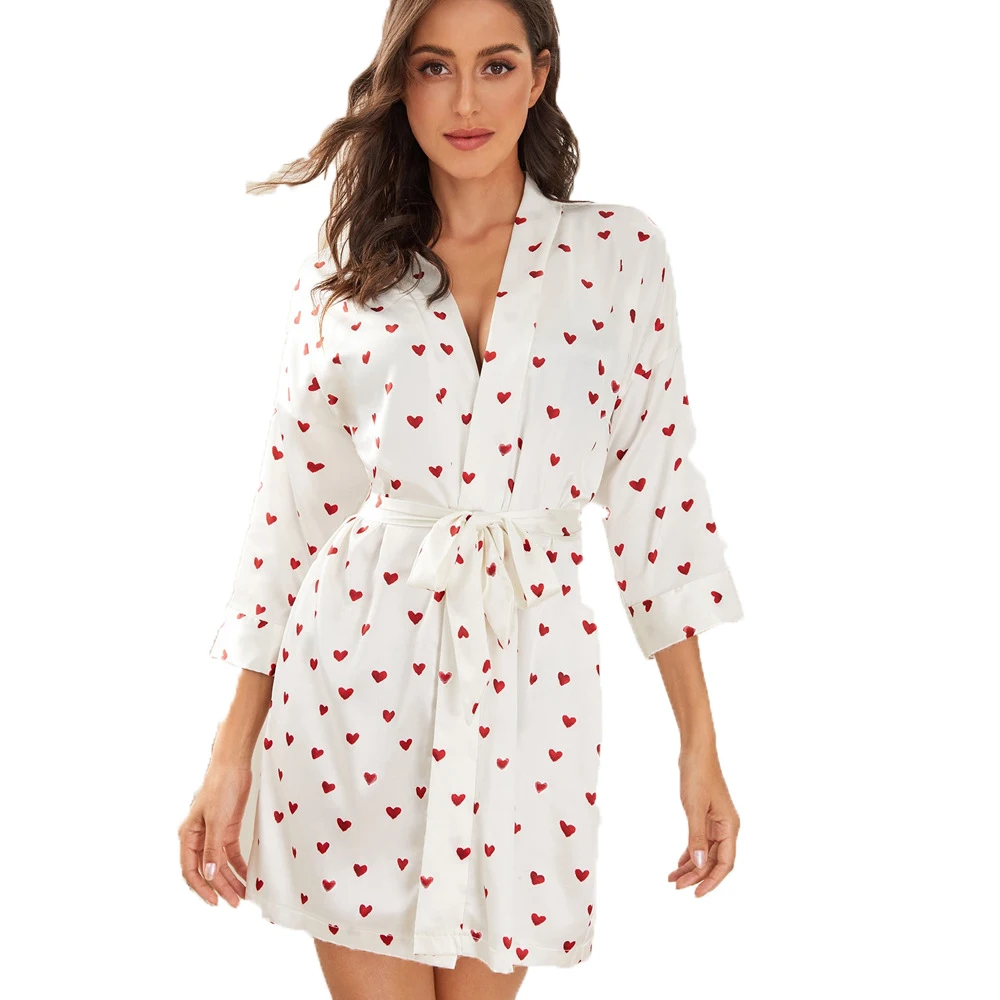 Women's Bathrobes Night Dress Home Clothes Sleepwear Pajamas Love Printing Nightclothes