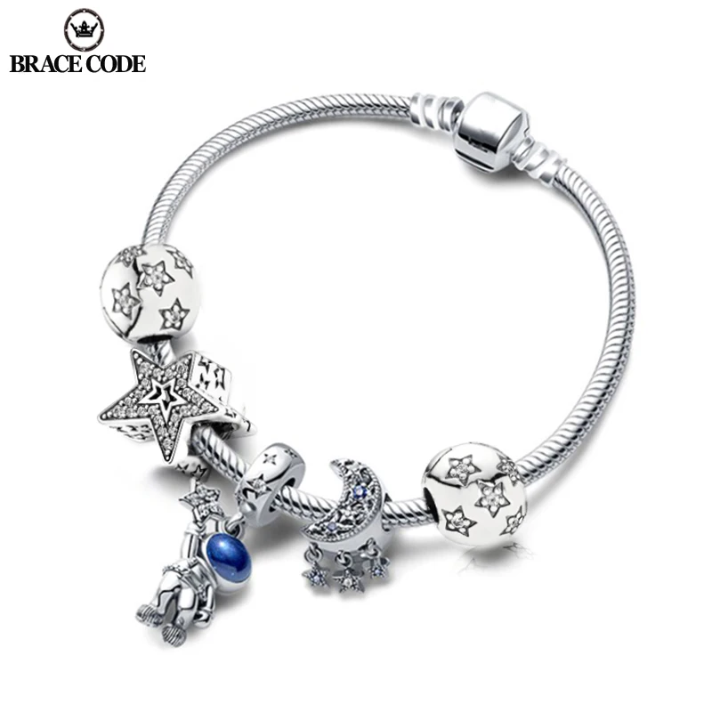 

BRACE CODE For Women Diy Bracelet Astronaut Earth Women's Beads Jewelry Gift Silver-plated Tassel Moon Star Beads Brand Bracelet
