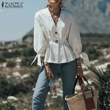 

ZANZEA Office Work OL Shirts 2020 Women Tops Blouses Fashion Puff Sleeve V Neck Blusas Cotton Solid Slim Waist Chemiser Mujer