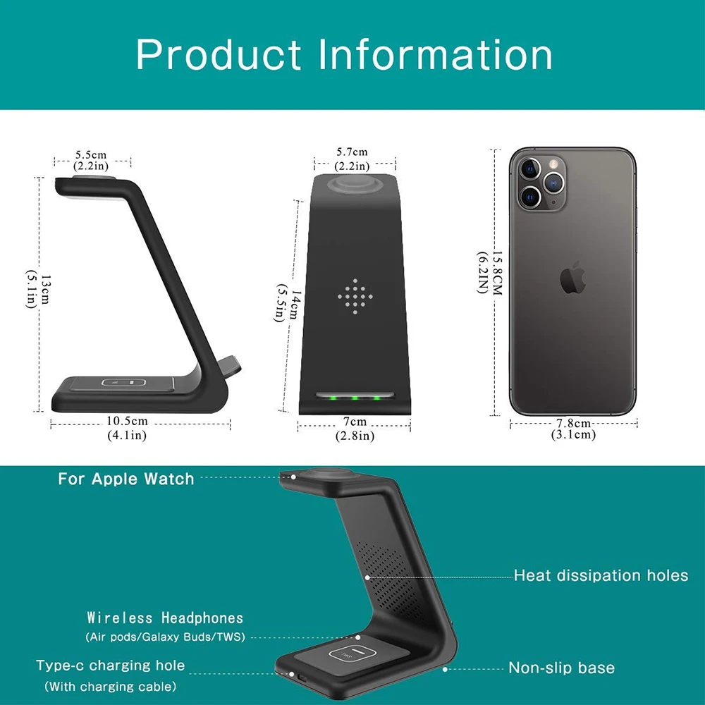 Беспроводная зарядная подставка Bonola Qi 3 в 1 для iPhone11/XR/Xs/AirPods3/iWatch5 быстрая зарядка