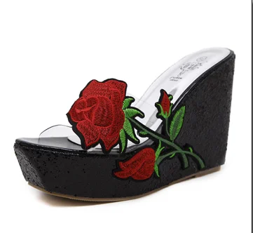 new bohemian rhinestone transparent slope with thick bottom waterproof platform lace slippers children