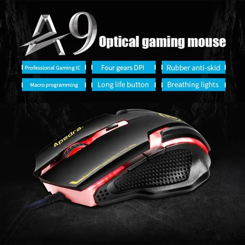 Apedra A9, 6 кнопок, 3200 dpi, GRB, оптическая игровая мышь для компьютера, ПК, ноутбука, ноутбука, USB, Проводная игровая мышь для настольных игр