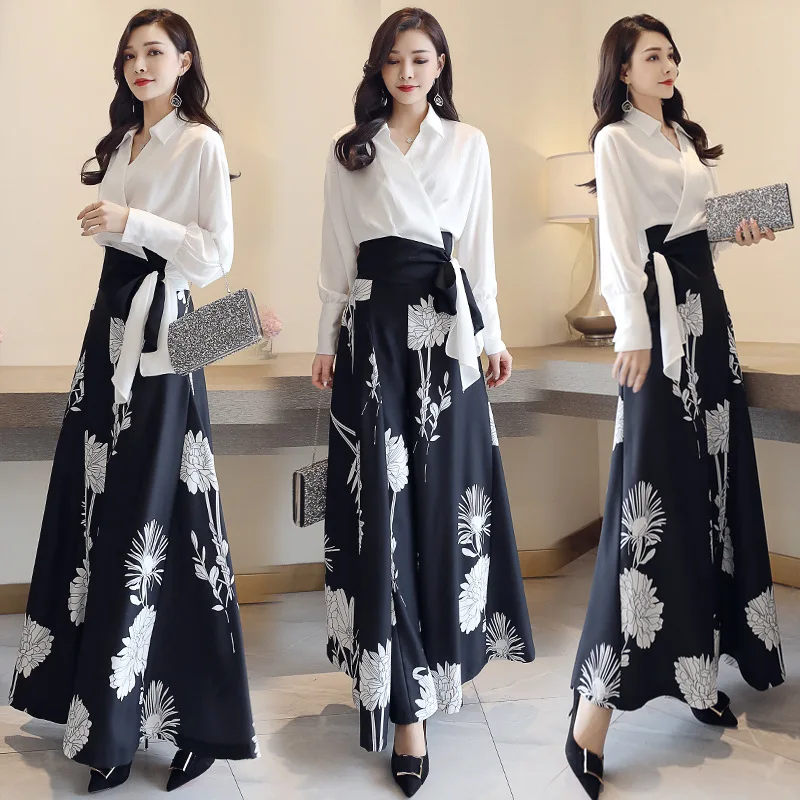 

Spring WOMEN'S Dress Elegant Goddess-Style Clothes Dry Drape Pendant Sense High-waisted Loose Pants Slimming Western Style Set D