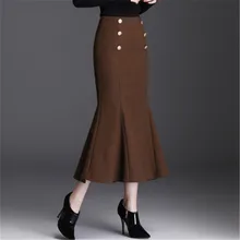 Шерстяная Юбка-Русалка, Женская винтажная Высокая юбка с тонкой талией, женская модная однотонная черная кофейная юбка до середины икры, S-3XL, RM50071