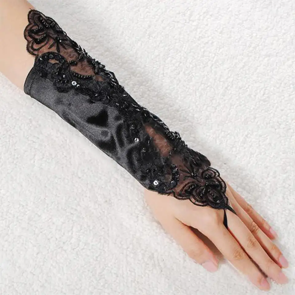 Guanti Da Sposa In Pizzo Con Perle Sintetiche – Senza Dita, Lunghi 28 Cm – Accessorio Elegante Per Matrimoni, Feste E Cosplay (Nero) - 4