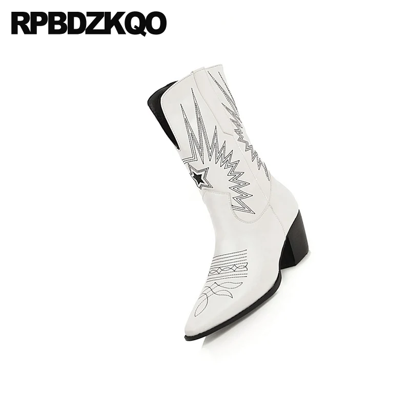 high heel 12 44 mid calf black big size cowgirl pointed toe women plus chunky shoes embroidered embroidery western boots cowboy