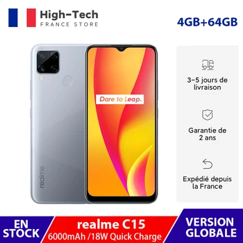 Перейти на Алиэкспресс и купить Глобальная версия realme C15 смартфон 4 Гб Оперативная память 64 Гб Встроенная память 6000 мА/ч, Батарея 18 Вт Quick Charge 13MP Quad Камера 6,5 дюймов полный экр...