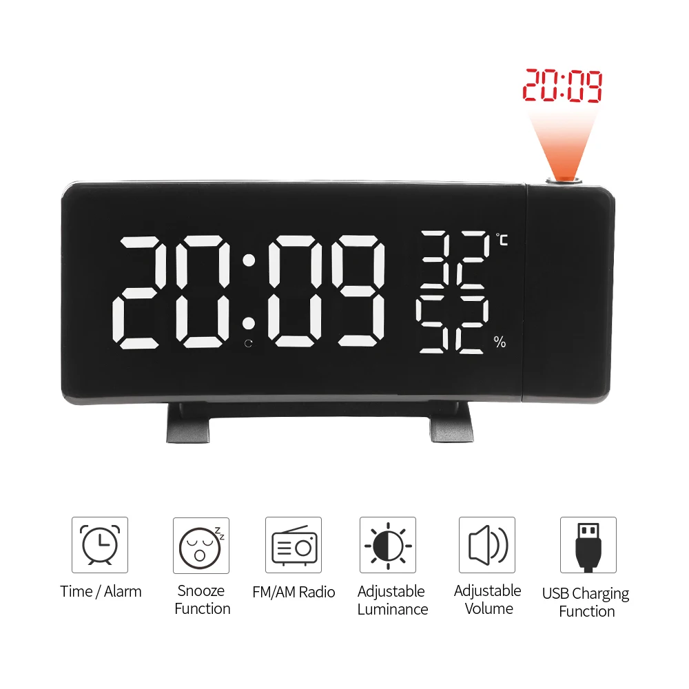 

Hot Radio Projection Alarm Clock Dimmable Thermometer Hygrometer Digital Dual Alarms Clock Snooze Function Dual USB Charging Por