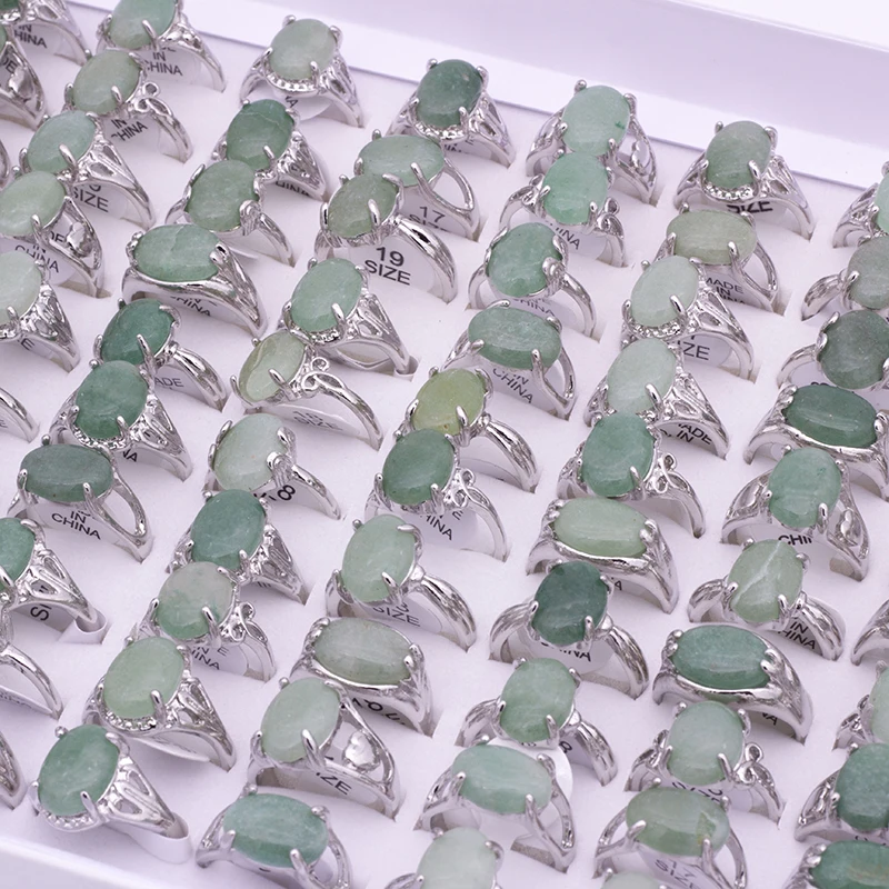 25PCS Random Natural Stone Finger Rings For Women Oval Shape Real Light Green Stone Rings Party Wedding Mom Gift Accessory