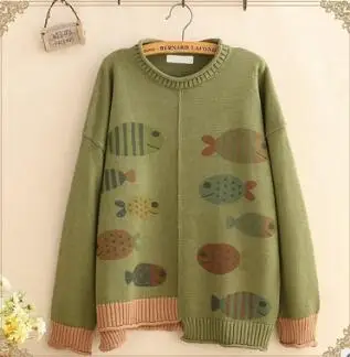 army green С яркими рисунками из мультфильма про динозавров, рисунок «чешуя», свободный женский свитер, пуловер на осень-зиму - Color: army green