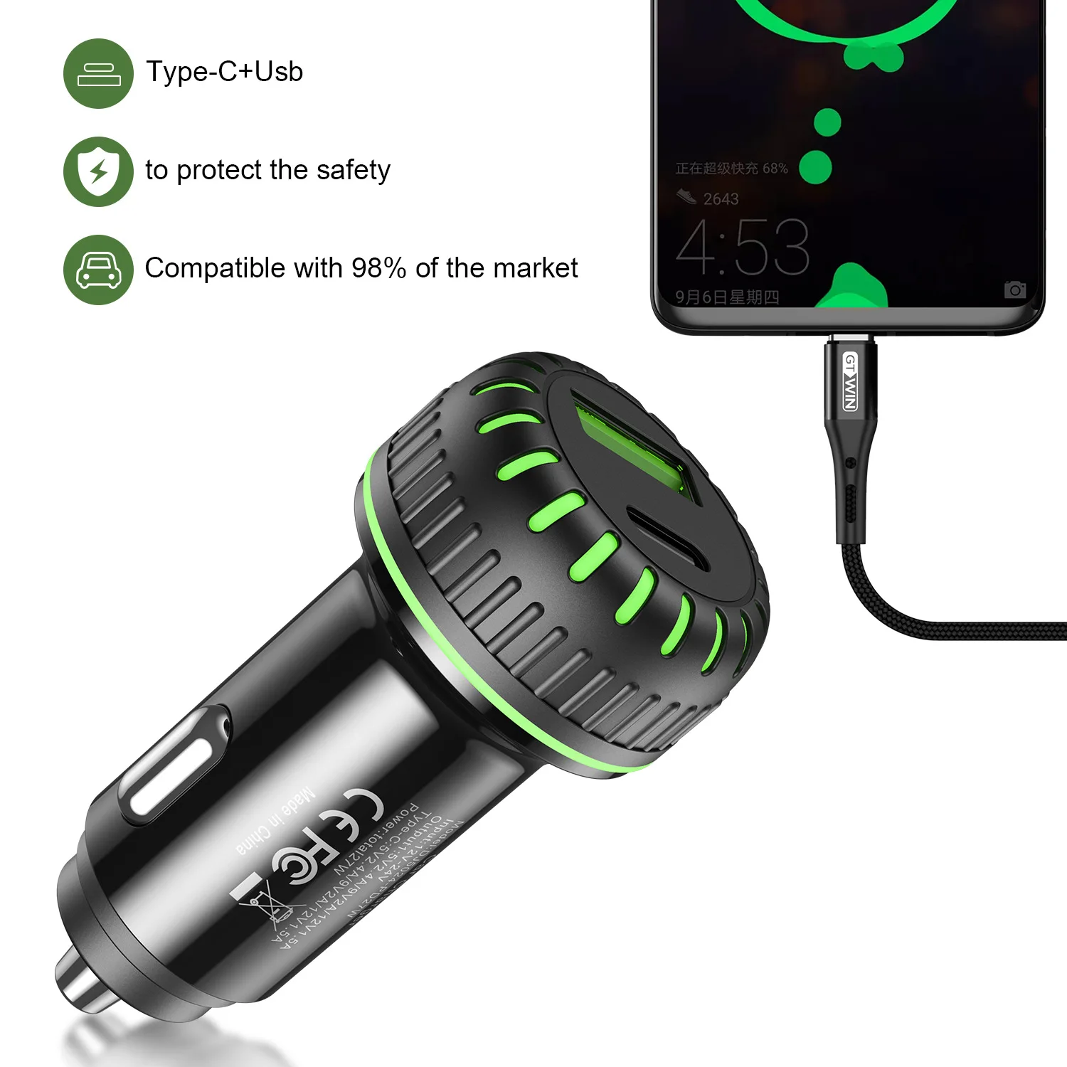 QC 3,0 быстрое зарядное устройство для автомобиля 1 USB выход Тип C вход зарядное устройство для телефона для huawei IPhone 11 Pro 11Pro Max быстрое зарядное устройство
