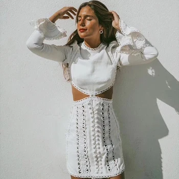 

Women's Summer New Dress European Station Sexy Hollow Stitching Waist Dress Solid Color Fake Two-piece Dress Vestidos