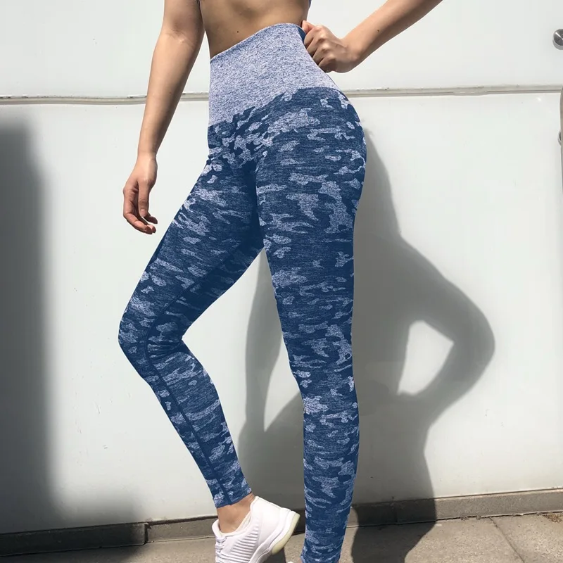 Камуфляжные женские штаны для йоги с высокой талией, бесшовные леггинсы для спортзала, спортивная одежда для фитнеса, устойчивые к приседанию, сексуальные штаны для бега - Цвет: blue