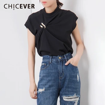 

CHICEVER Casual Irregular Ruched Women's Tank Tops Stand Collar Sleeveless Large Size Loose Vest Female Fashion Clothes 2020 New
