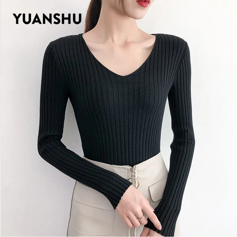 YUANSHU Spring Soft Sweater Women Jumper V Neck Slim Elasticity Knitted Pullover Female Long Sleeve Autumn Basic Knitwear Tops