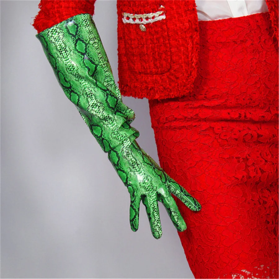 

Patent Leather Long Gloves 50cm Lantern Sleeves Simulation Leather Mirror Bright Leather Green Snake Pattern DL-LSW1