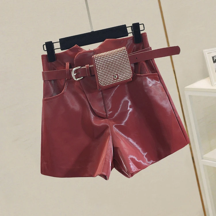 Leather Shorts for Women 2019 New Autumn High Waist Hot Drill PU Leather Pants Solid Color Straight Boots Shorts