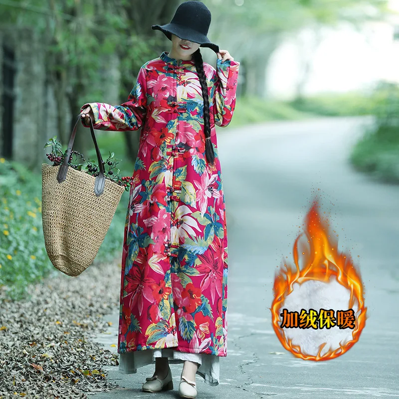 

2019 Winter New Style Ethnic-Style Cotton Linen Cotton-padded Clothes X-long Loose-Fit Brushed And Thick Retro Frog Cotton-padde