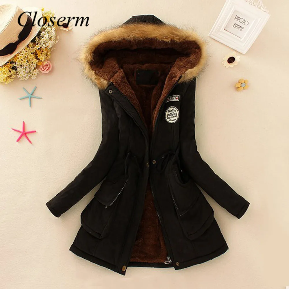 Coat 2019top Women Warm Long Coat Fur Collar Hooded Jacket Winter Parka Outwear - Цвет: Black