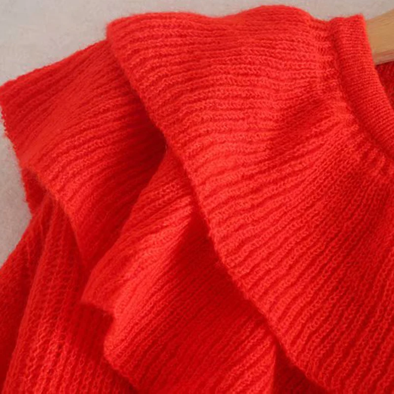 Винтажный милый короткий Стильный вязаный женский свитер с оборками, модные эластичные стильные пуловеры с круглым вырезом и длинным рукавом, шикарные топы