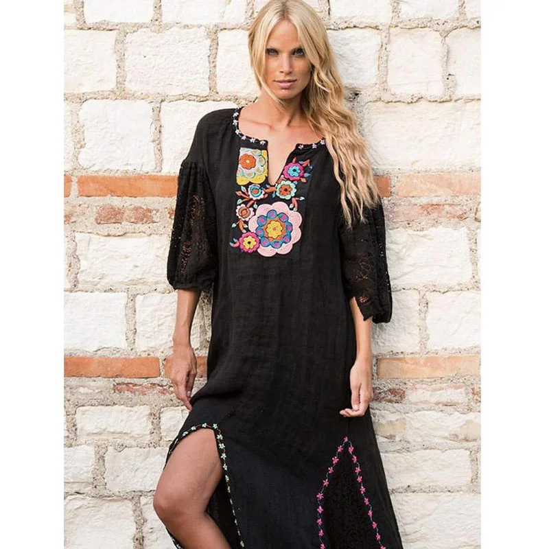 

Bohemian Retro Long Dress Women Half Sleeve Embroidery Print Puff Sleeve V-Neck Side Split Sexy Dresses Casual Loose Maxi Dress