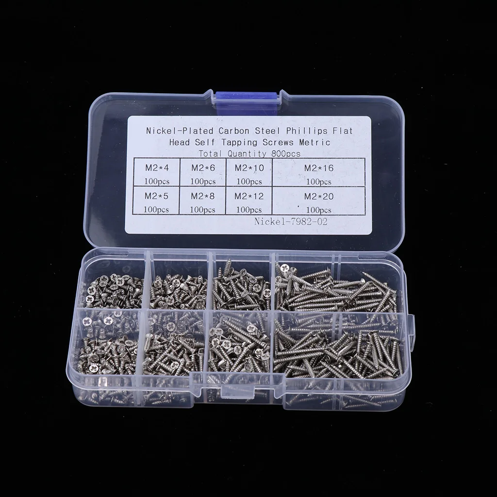 800Pcs M2 Assorted Cross Phillips Pan Head Self Tapping Screws Set With Box