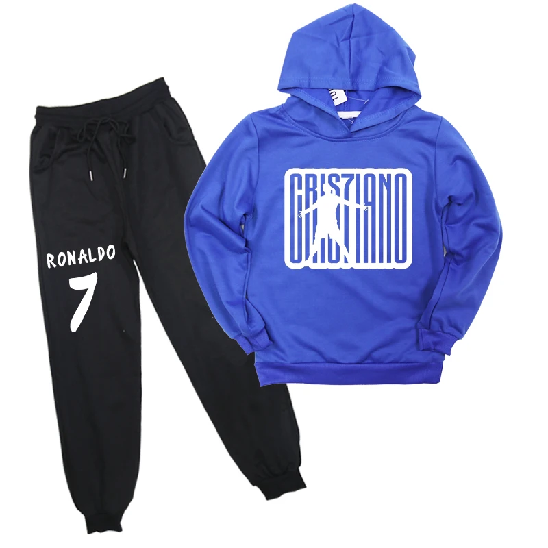 CR7 комплекты одежды для мальчиков и девочек Ronaldo весенне-Осенняя детская одежда футболка с капюшоном+ штаны, спортивный костюм из 2 предметов детская одежда костюм для бега - Цвет: Синий