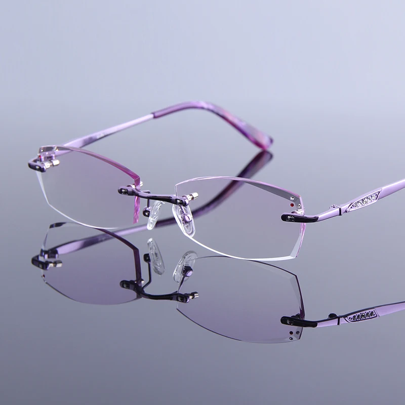 Роскошные женские очки для чтения, без оправы, стразы, фиолетовые линзы, очки для дальнозоркости, для чтения, Анти-усталость, компьютерные очки