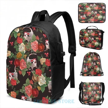 

Funny Graphic print Opossum floral pattern USB Charge Backpack men School bags Women bag Travel laptop bag