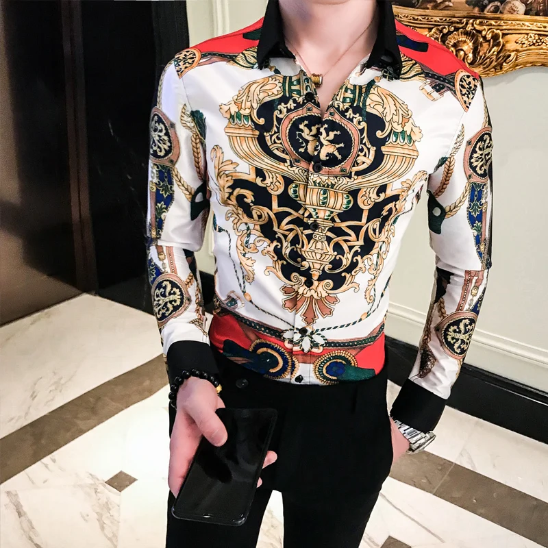 Роскошная рубашка барокко для мужчин Camisas Para Homem повседневные рубашки для мужчин s рубашка осень Chemise Homme De Роскошная модная Клубная мужская одежда
