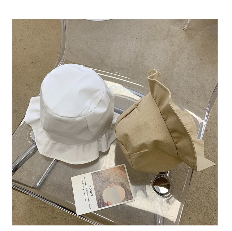 kate spade bucket hat Fisherman hat Female White Casual Lotus Leaf Fold Lace Bucket hat Simple Wide-brimmed Face Small Sun hat Summer Breathable hat cow bucket hat