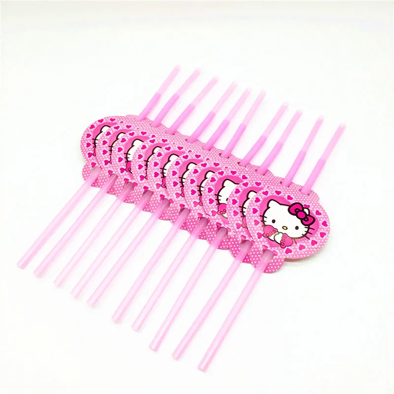 Straws-10Pcs Скатерть принцессы hello kitty для девочек, подарочный набор для дня рождения, тарелка и чашка для вечеринки, маска для душа, одноразовые наборы посуды - Цвет: Straws-10Pcs
