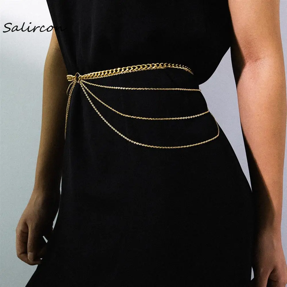

Salircon Punk Vintage Waist Chain Three Layer Symmetrical Alloy Chain Waist Chain Multi Layer Body Chain for Women Gift Hot 2019