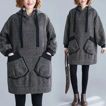 

Hoodies Sweatshirts Women 2020 Plus Size Winter Oversize Retro Plaid Female Pullovers Top Loose Cotton Thick Hooded Female