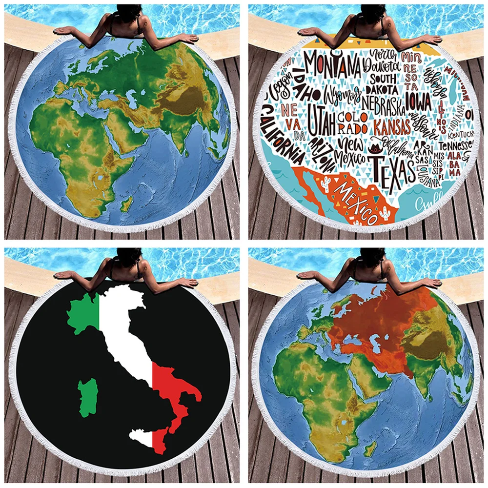 

World Map Printed Large Round Beach Towel Microfiber with Tassels Big Terry Cloth 150Cm Large Beach Towels Serviette De Plage