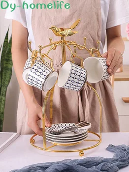 

11/13/15/17 Piece Set European Phnom Penh Blue Circle Metal Cup Holder Ceramic Coffee Tea Set American Household Bone China Set