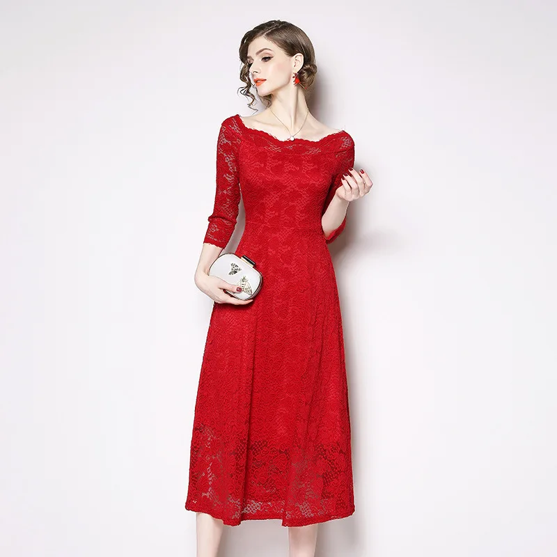 

2019 Autumn And Winter Skirt off-Shoulder Slim Fit Lace Dress Hot Selling Mid-length Big Skirt