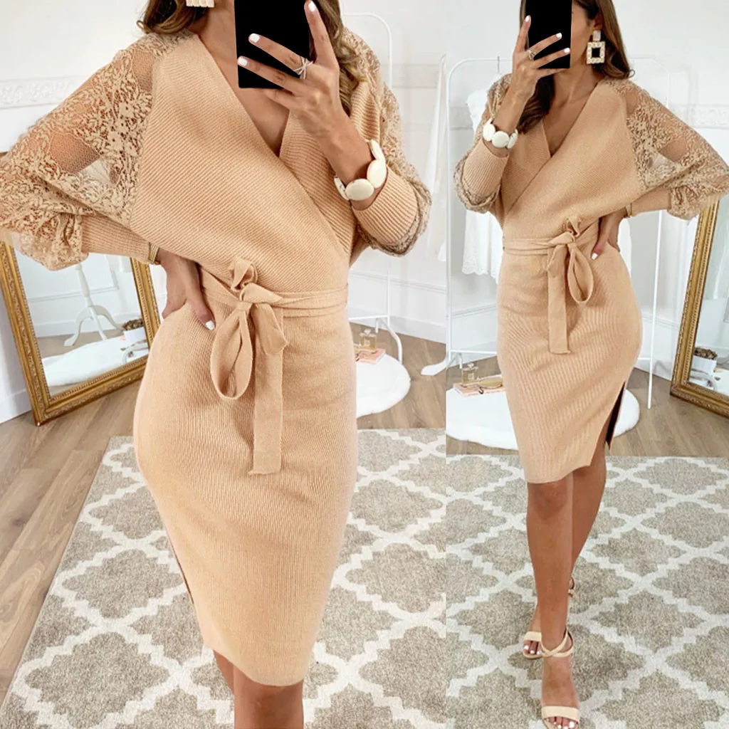 

Bodycon Dress Women Long Sleeve Sexy Lace Splice Mini Dress V Neck Elegant Party Dresses with Belt Autumn Winter Vestidos Mujer