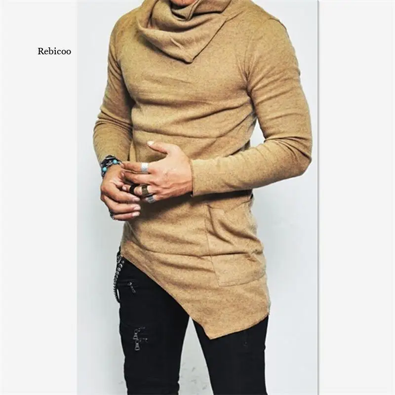 

Men's Hoodies Unbalance Hem Pocket Long Sleeve Sweatshirt for Men Clothing Autumn Turtleneck Sweatshirt Top Hoodie