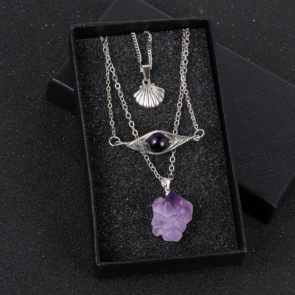

Boho Multi Layer Natural Stone Crystal Shell Eye Pendant Necklace For Women Silver Color Choker Chain Party Wedding Jewelry Gift