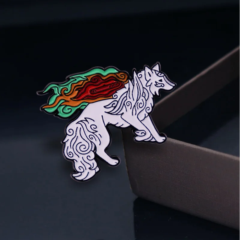 Okami amaterasu esmalte botão emblema japonês mitologia sol deusa lobo  branco broche jogo de vídeo arte jóias