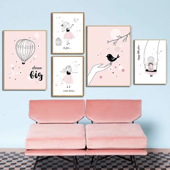 

Nordic Text Posters Nursery Prints For Baby Room Cartoon Swing Little Girl Wall Canvas Painting Picture Kids Bedroom Decoration