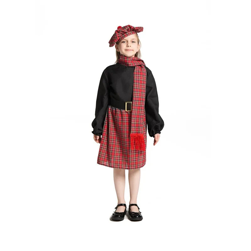 

Girls Ethnic Style Red Lattice Scotland Party Fancy National Dress Halloween Cosplay Carnival Costume