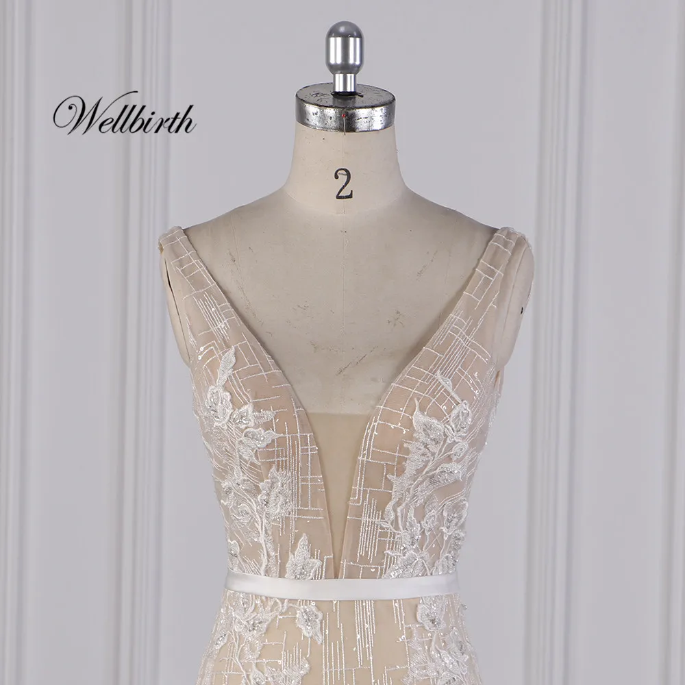Реальное изображение Wellbirth Vestido de novia, v-образный вырез, открытая спина, Русалка, свадебное платье с коротким рукавом, свадебное платье JC024