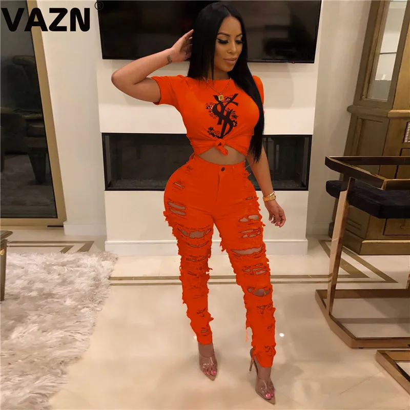 

VAZN GHSF12063 New Arrival Designer 2019 Orange Jean Fresh Young Popular Hole Sexy Smart Fashion Women Long Pencil Jeans Pants