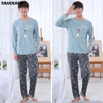 

2019 Autumn Winter Cotton Pajamas Sets For Men Long Sleeve Cartoon Pyjama Casual Sleepwear Male Homewear Loungewear Home Clothes