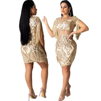 

Tassel Party Women Dress Sexy Flower Gold Wrap Bodycon Dress Summer Silm Women O-Neck Sleeveless Short Mini Dress Club AA60DS