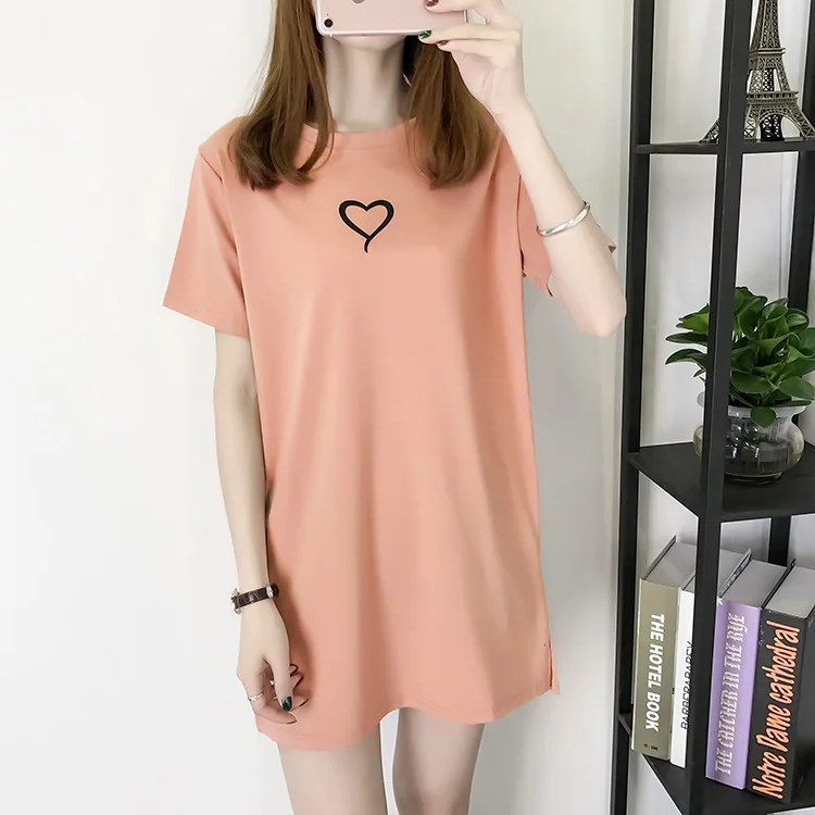 

2019 New Style Summer WOMEN'S Top Loose And Plus-sized Heart Mid-length Short Sleeve T-shirt Female Students Dress Fashion