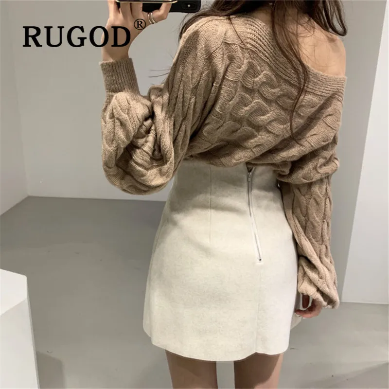 RUGOD свитер, пуловер и юбка комплект из 2 предметов, вязаная короткая юбка с вырезом лодочкой Новая Осенняя модная женская элегантная юбка