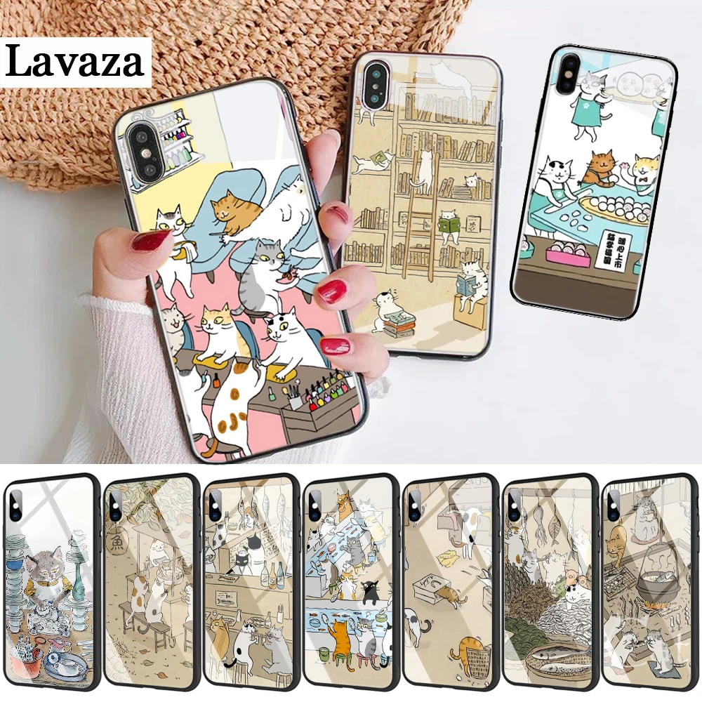 182d Japanese Cat Drink Pattern Skin Glass Phone Case for Apple iPhone 11 Pro XR X XS Max 6 6S 7 8 Plus 5 5S SE |